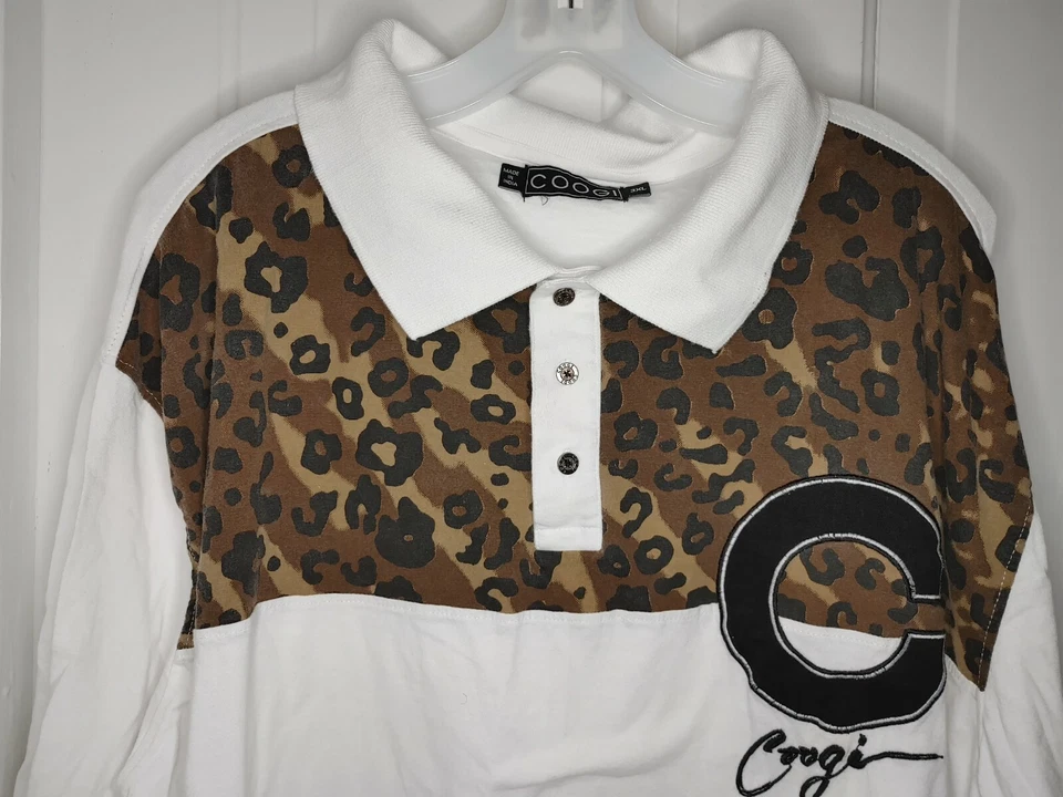 Coogi Мужская рубашка-поло с коротким рукавом кнопка белый леопард печать большой размер 3XL ретро - Изображение 2 из 4