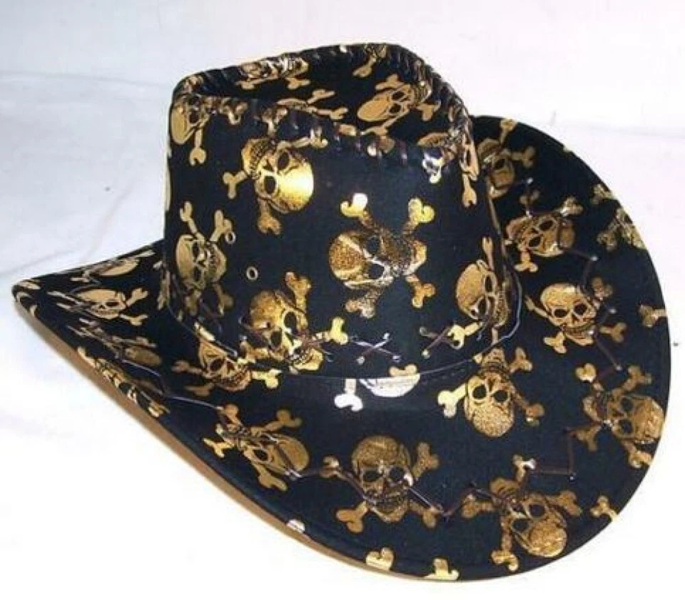 Sombrero de Vaquero Calavera y Huesos Cruzados Negro y Dorado Metálico Foto 2 de 2