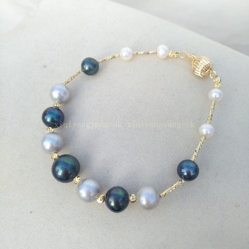 7.5-8" charming white Black Gray south sea natural pearl bracelet 14k Gold P - Picture 3 of 6