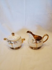 Crown Potteries Vtg 353 Iridescent Cream And Sugar With Gold Trim Made In USA