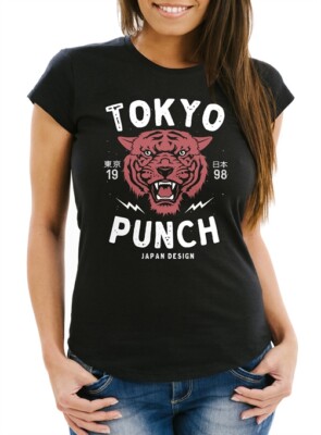 Damen T-Shirt Tigerkopf Print Vintage Style Japan Design Tokio Punch Schriftzug