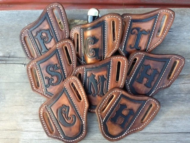 SULLIVAN CUSTOM LEATHER # 1 Seller ! MONOGRAMMED KNIFE SHEATHS FOR TRAPPER / STOCKMAN KNIVES