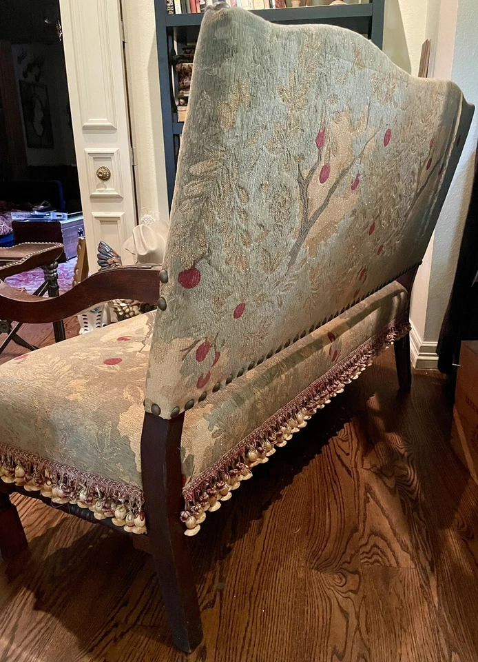 Antique Country French Hall Seat Settee Sofa Louis XIII Marly Berry Upholstery - Image 2 of 4