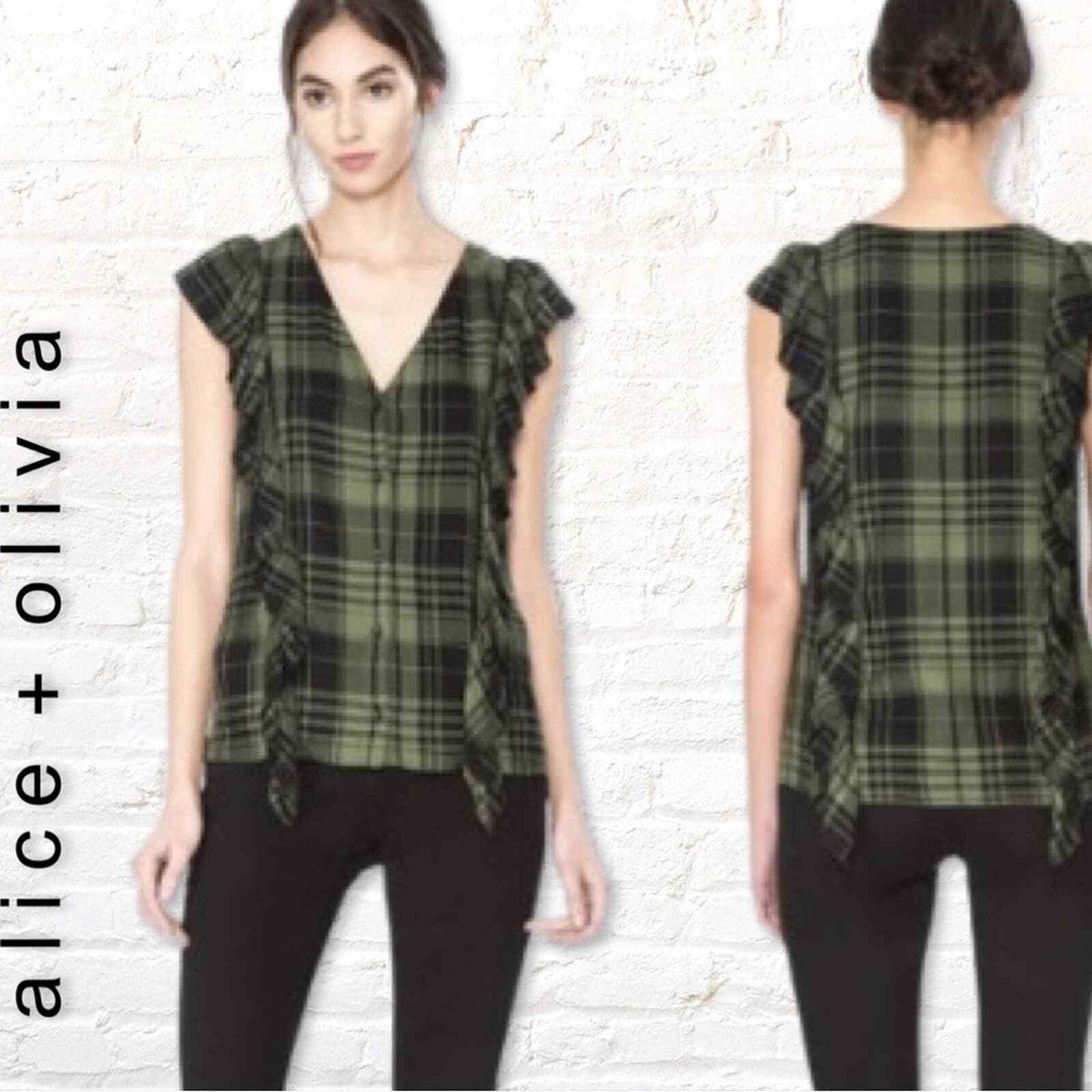 専用2 Alice + Olivia Womens Janet Side Ruffle Blouse In Army / Black