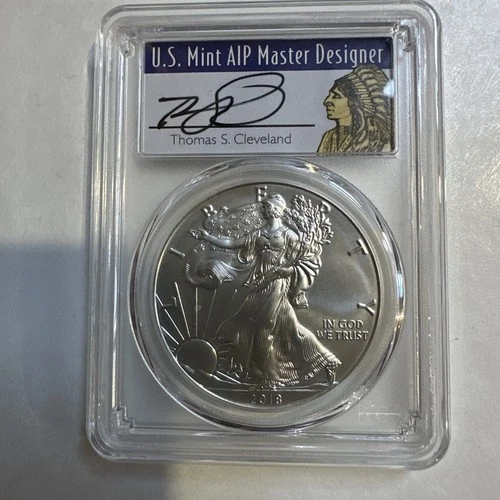 2018 W Burnished Silver Eagle FDOI PCGS SP70 Master Designer Indian Chief Label