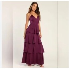 Lulu s Plum Purple Going With Elegance Satin V-Neck Ruffle Tiered Maxi Gown NEW