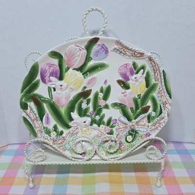 Easter Bunny Platter Tulips Floral Pink Purple Yellow Green 12x10