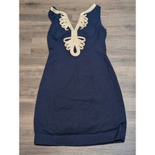 Lilly Janice Shift Sheath Dress Gold Embellished V Neck Size 6 Navy READ
