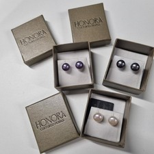 3 Pairs HONORA Cultured Pearl Stud Earrings 925 White Purple Grey