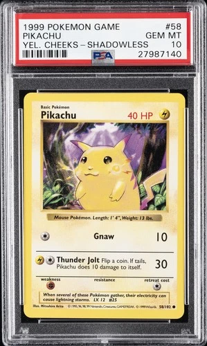 1999 POKEMON BASE SET YELLOW CHEEKS-SHADOWLESS #58 PIKACHU PSA 10
