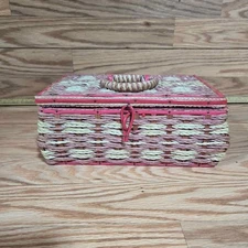 Vintage Sewing Box 1960's Woven Handle Latch Removable Tray [T57]