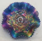 GORGEOUS VINTAGE CARNIVAL NORTHWOOD BLUE GOOD LUCK RUFFLED BOWL “SUPER COLOR”