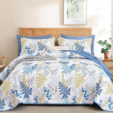 Navy Blue Quilt Queen Size, Botanical Bedspread with Leaves Pattern 3 Pieces Lig