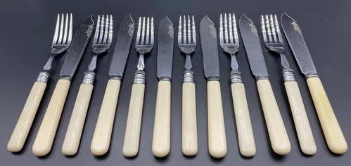 Vintage 12 Piece Faux Bone Handle Fish Cutlery Set - Chrome Plated - Picture 1 of 8