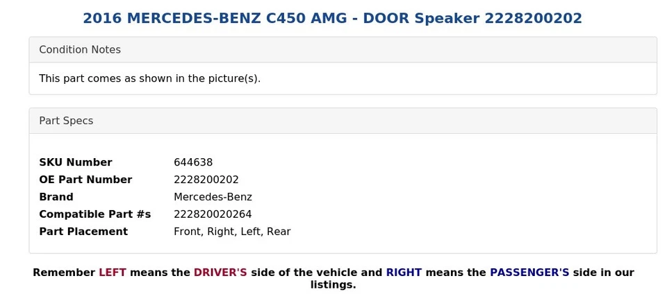 Mercedes-Benz C450 AMG 2016 - Altavoz de puerta 2228200202 Foto 4 de 4