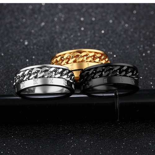 8mm Black/Gold/Silver Roman Numerals Band Mens Spinner Chain Titanium Steel Ring - Picture 7 of 13