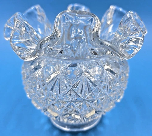 Fenton Crystal Diamond Pattern Ruffled Rose Bowl Vase 4" x 4.25" Glass Signed
