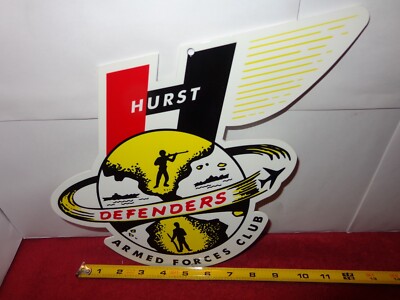 11 x 9 in HURST DEFENDERS ARMED FORCES CLUB ADV. SIGN DIE CUT METAL # 939 D