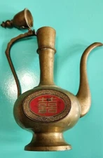 Double Happiness Tea Oil Wine Spout Pitcher Engraved Enamel 8.5"x6” Damage