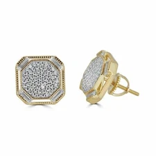 Men's 14k Gold Plated REAL 925 Silver 1/2" Large Baguette Stud Earrings CZ