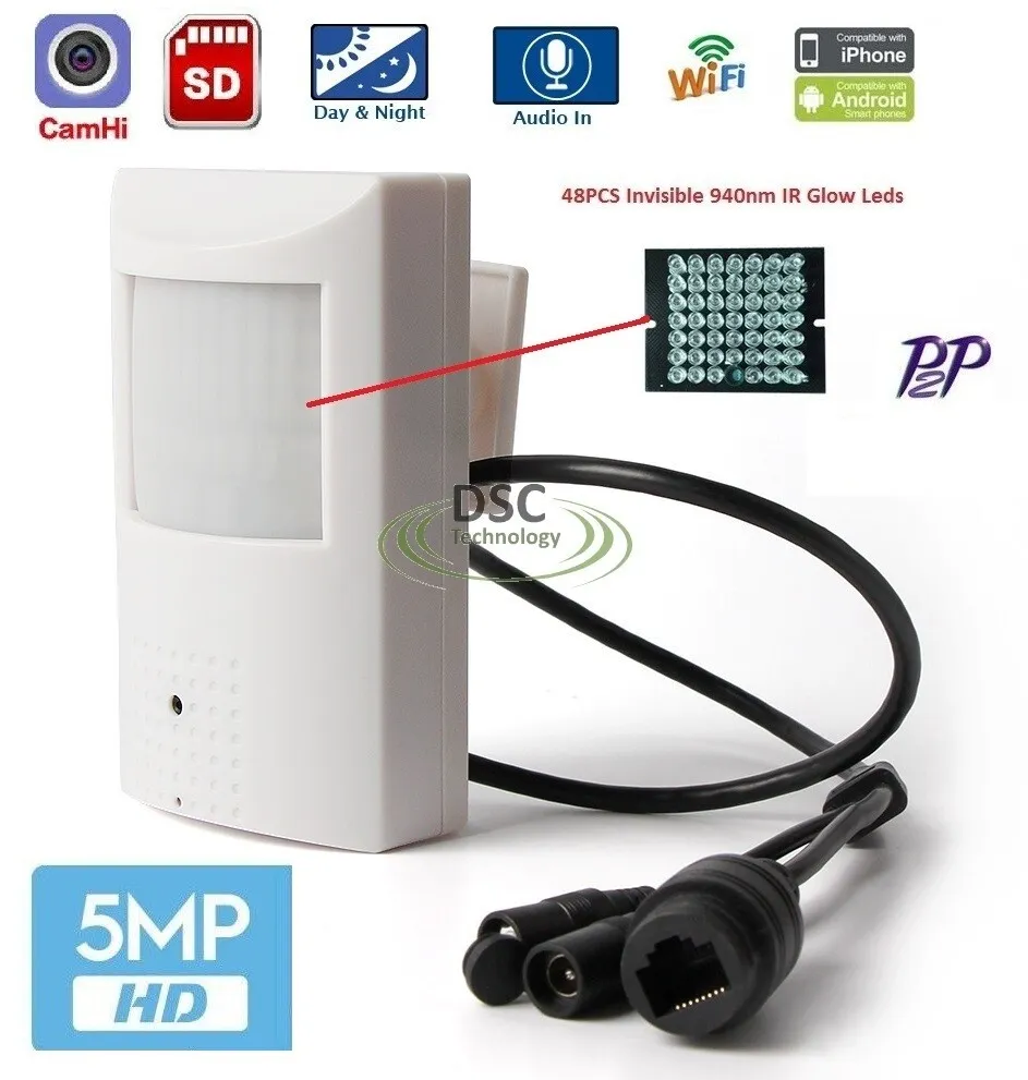 HD 5MP IP PoE Hidden/Spy Security Camera: 48x 940nm Invisible IR Glow LEDs