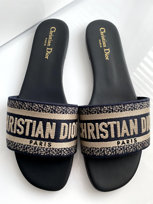 $775 Christian Dior DWAY NAVY BLUE FABRIC LEATHER Slides SANDALS