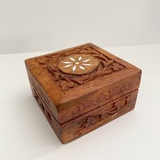 Vintage Wooden Jewelry Trinket Box Hand Carved Wood Inlay Made In India 3x3x1.75