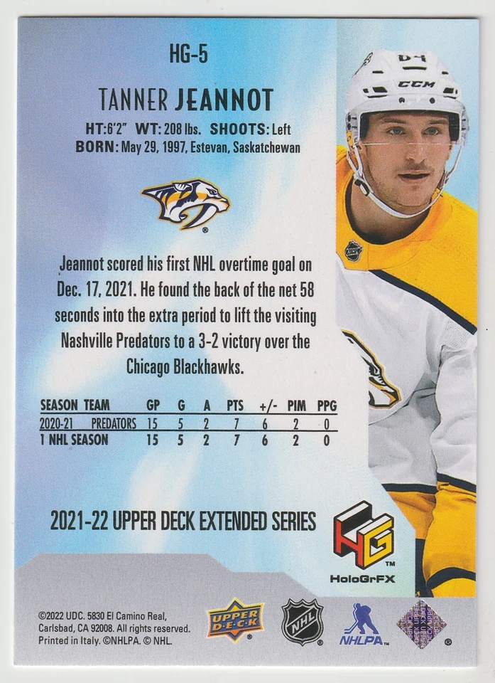 2021-22 UD Extended Series Tanner Jeannot HG-5 HoloGrFX Rookies Predators - Image 2 of 2