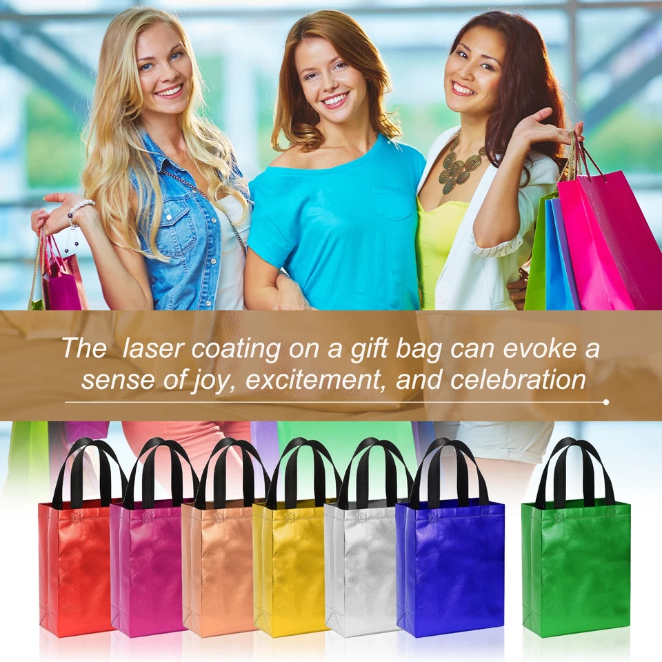 Bolsas de regalo azul oscuro recubrimiento láser 12 piezas bolsas de regalos reutilizables 8" x 4" x 10" Foto 4 de 4