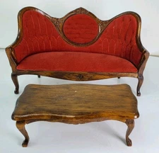 Dollhouse Miniature Red Velvet Victorian Sofa by Concord Miniatures Coffee Table
