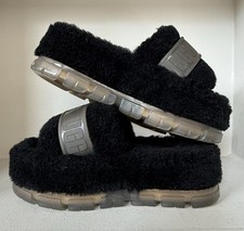 UGG Fluffita Clear Platform Slide Wool Sandal Women's US 7 Black Slippers Fuzzy
