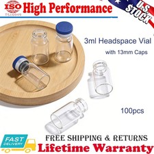 100PCS 3ml Glass Vials Headspace Vials Clear Lab Vials w/ Caps 13mm Crimp Top US