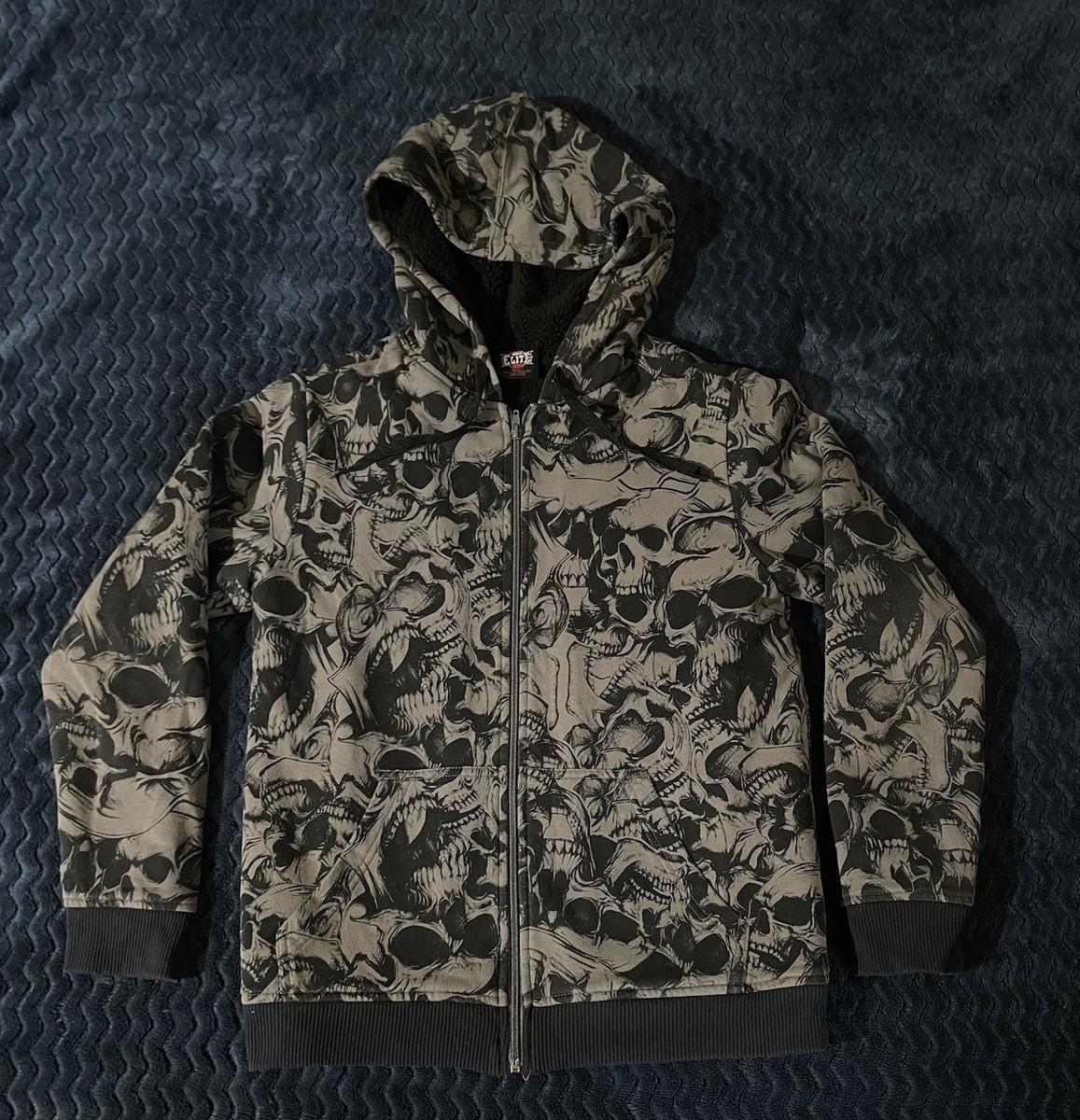 Vintage Y2K Mens MMA Elite Skull Tribal Gray Sherpa Lined Zip Up