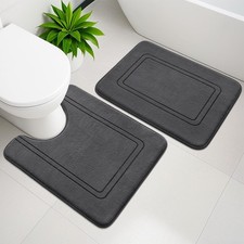 2 PCS Memory Foam Bath Mat Set Non Slip Absorbent Toilet Rug Dark Grey