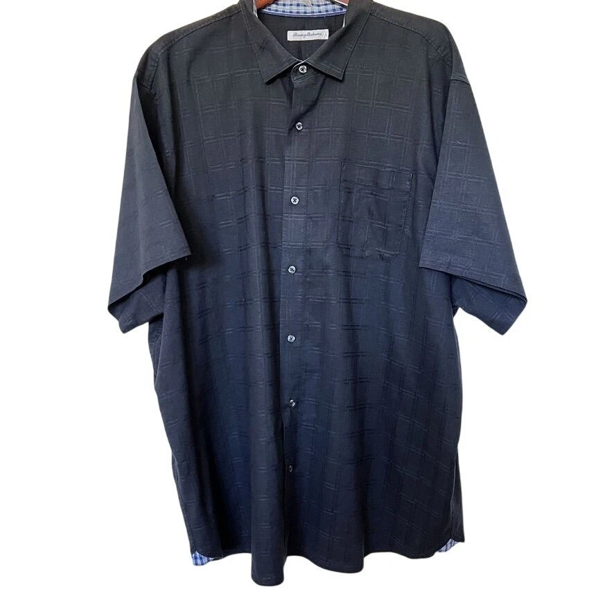 Tommy Bahama Mens XXL Black Linen Button Up Shirt Textured Plaid Camp Casual