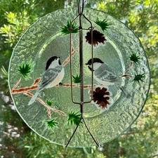 Vintage Signed Pressed Glass Plate with Hand-Painted Chickadees and Pinecones