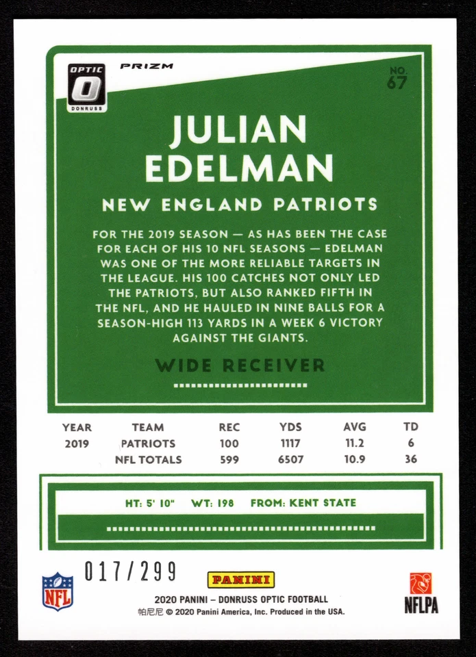 2020 Donruss Optic Julian Edelman Aqua #67 Football Card /299 - Patriots - Image 2 of 2