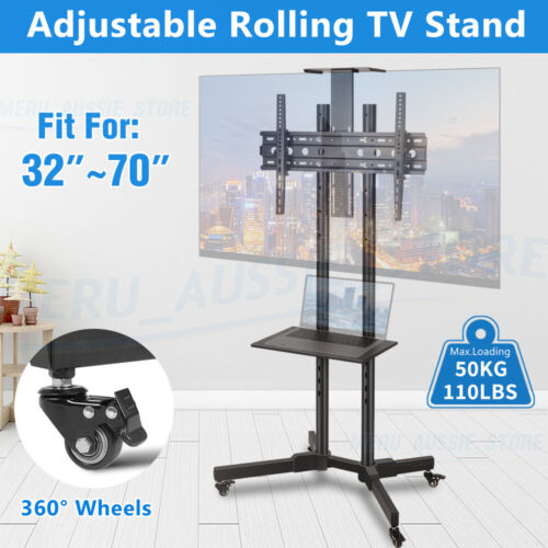 32"-70" Black Led Plasma Lcd TV Stand Mount Bracket Mobile Trolley With Wheels - Picture 1 of 13