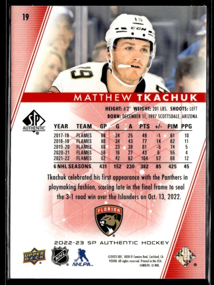 2022-23 SP Authentic Limited Red Matthew Tkachuk #19 - Image 2 of 2