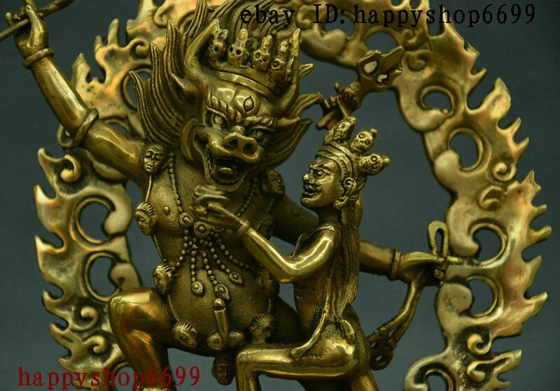 7" Tibet Buddhism Brass Gelug Yamantaka Yamataka Yama Dharmaraja Guan yin Statue - Image 3 of 4