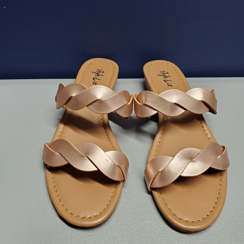 Style&co. Sandalias planas trenzadas para mujer talla 6 oro rosa hechas por el hombre punta abierta sin cordones Foto 2 de 4