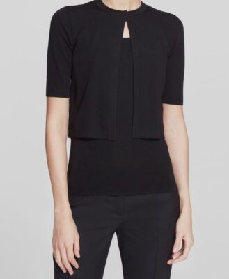 $495 Akris Punto Womens Black Crop Wool Half Sleeve Cardigan Sweater Top Size 14