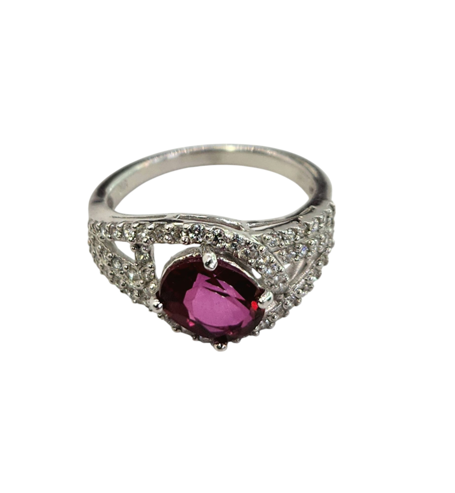 Sterling Silver Lab Ruby Gemstone Ring with CZ Ac… - image 1