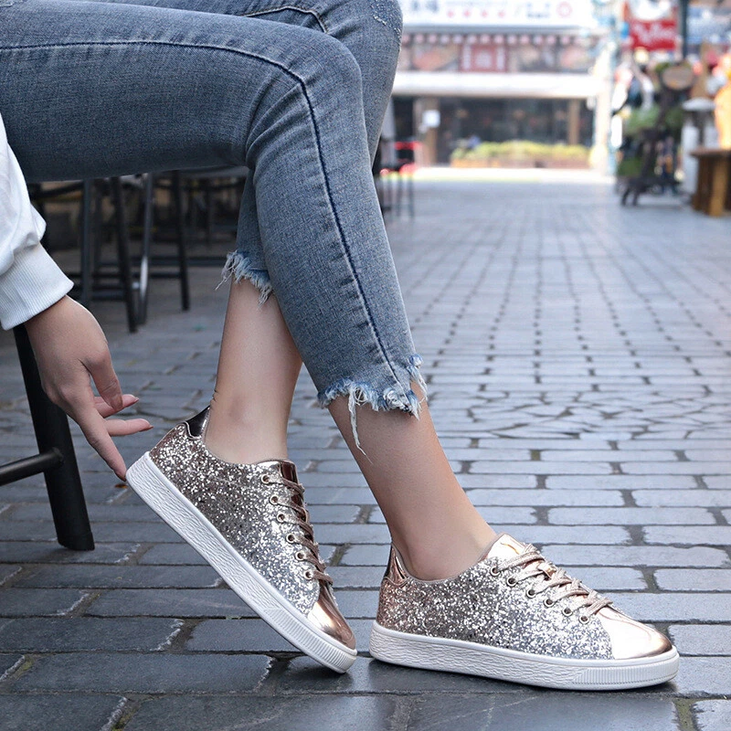 Women's Slip On Sparkly Blue Glitter Tennis Shoes Sneakers