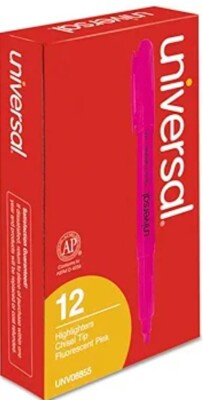 Universal 08855 Pocket Clip Highlighter, Chisel Tip, Fluorescent Pink Ink, Dozen
