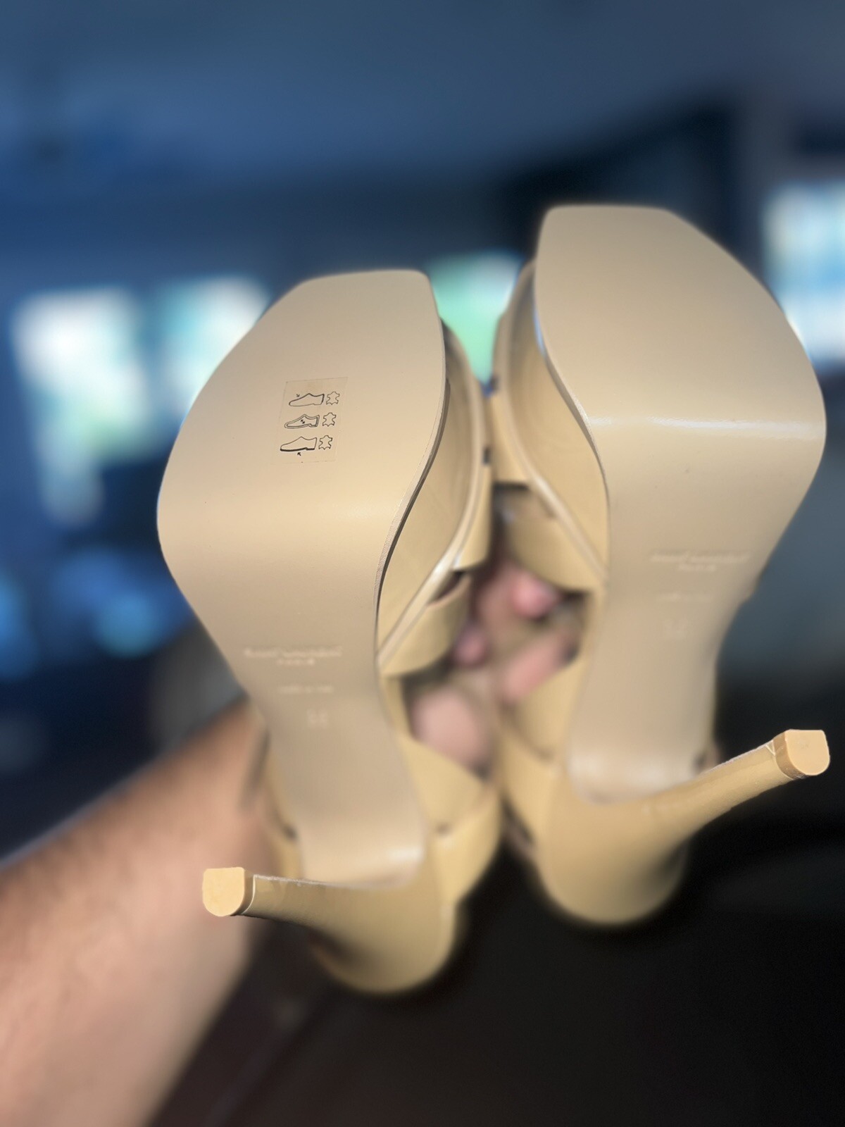 Sandali YSL Saint Laurent pelle nuda cinturino a T plateau tacco décolleté taglia 5