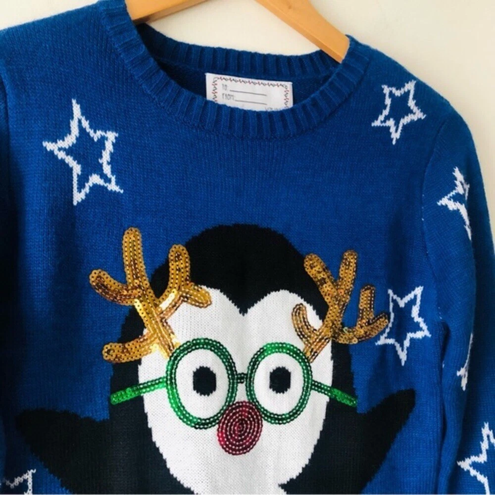 Derek Heart Sequin Penguin Winter Ugly Christmas Sweater Size Medium