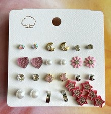 Earrings 12 Pair Stud Earrings Set Hearts Stars Pearls Rhinestone