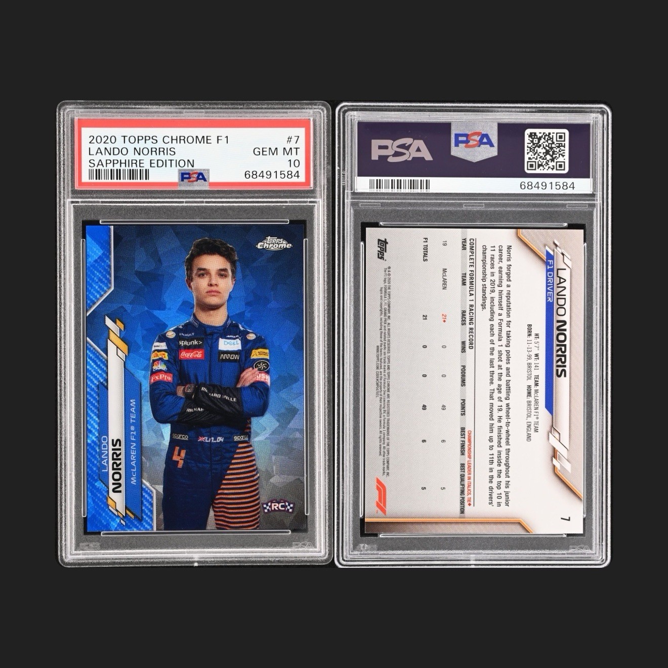 Topps 2020 Chrome Sapphire Edition F1 Lando Norris McLaren Rookie #7 PSA 10 view 2