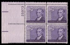 US Scott # 1105, James Monroe by Stuart, Plate Block of 1958 3¢ Stamps, MNH